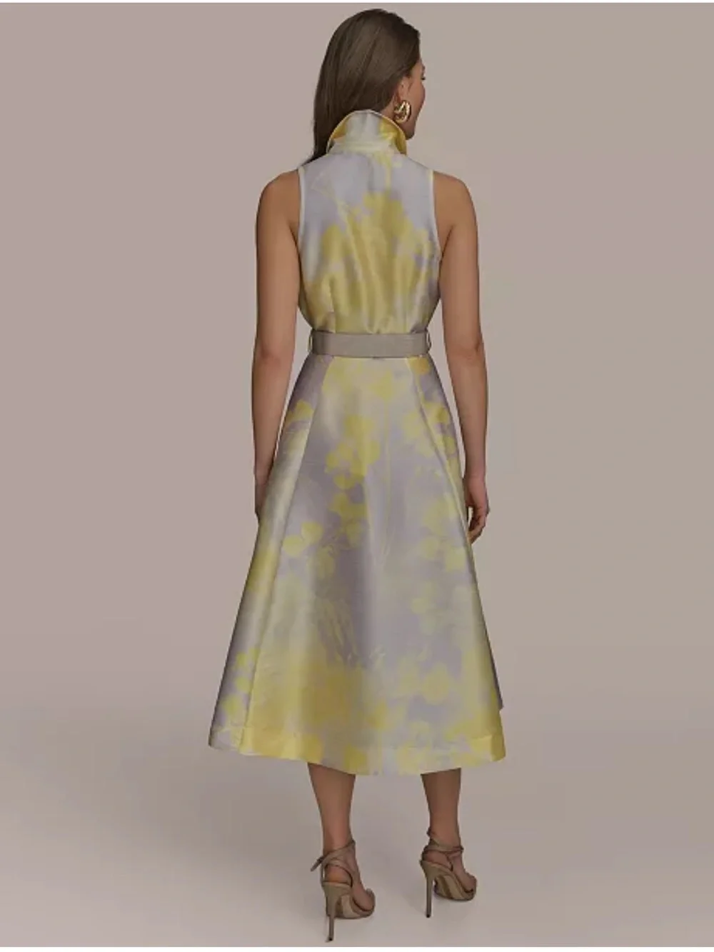 Donna Karan Yellow and Silver Floral Sleeveless Midi Dress - Picture 7 of 8